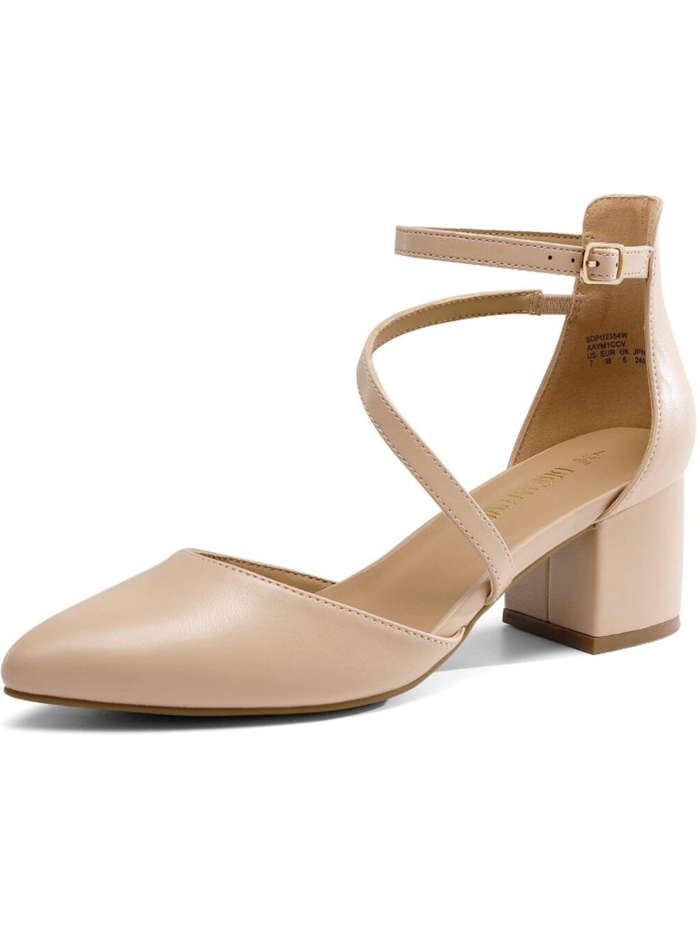 Women's Nude Pu Leather Block Heels Pumps Closed Pointed Toe Ankle Strap Shoes